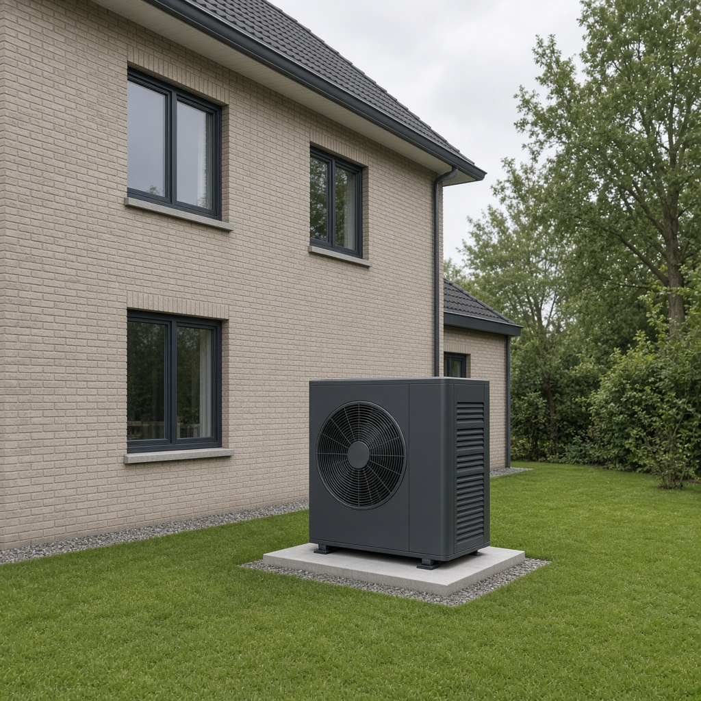 Buitenunit van een warmtepomp naast een modern huis