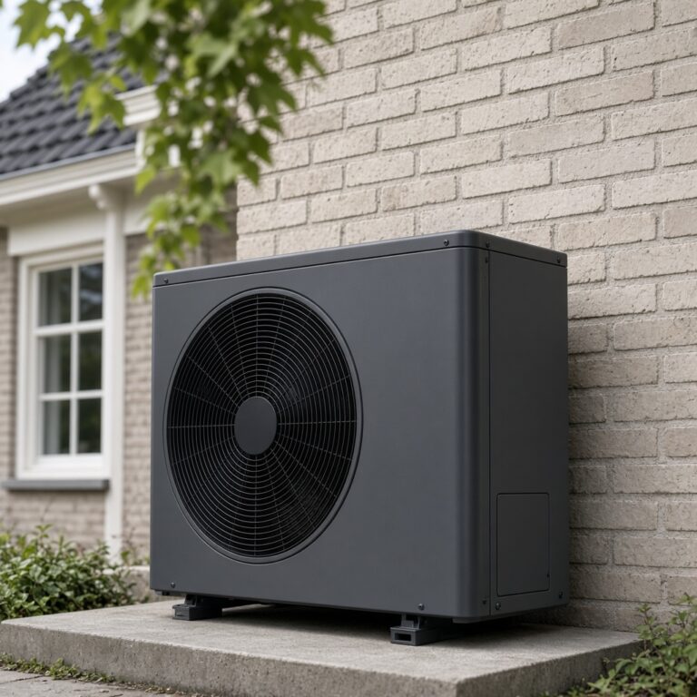 Antraciet buitenunit van een warmtepomp tegen een bakstenen gevel
