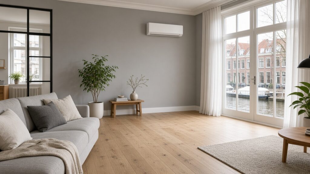 Woonkamer met een binnenunit aan de wand